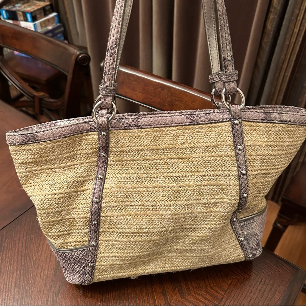 Coach Vintage Straw Tote With Python Leather Trim - image 5